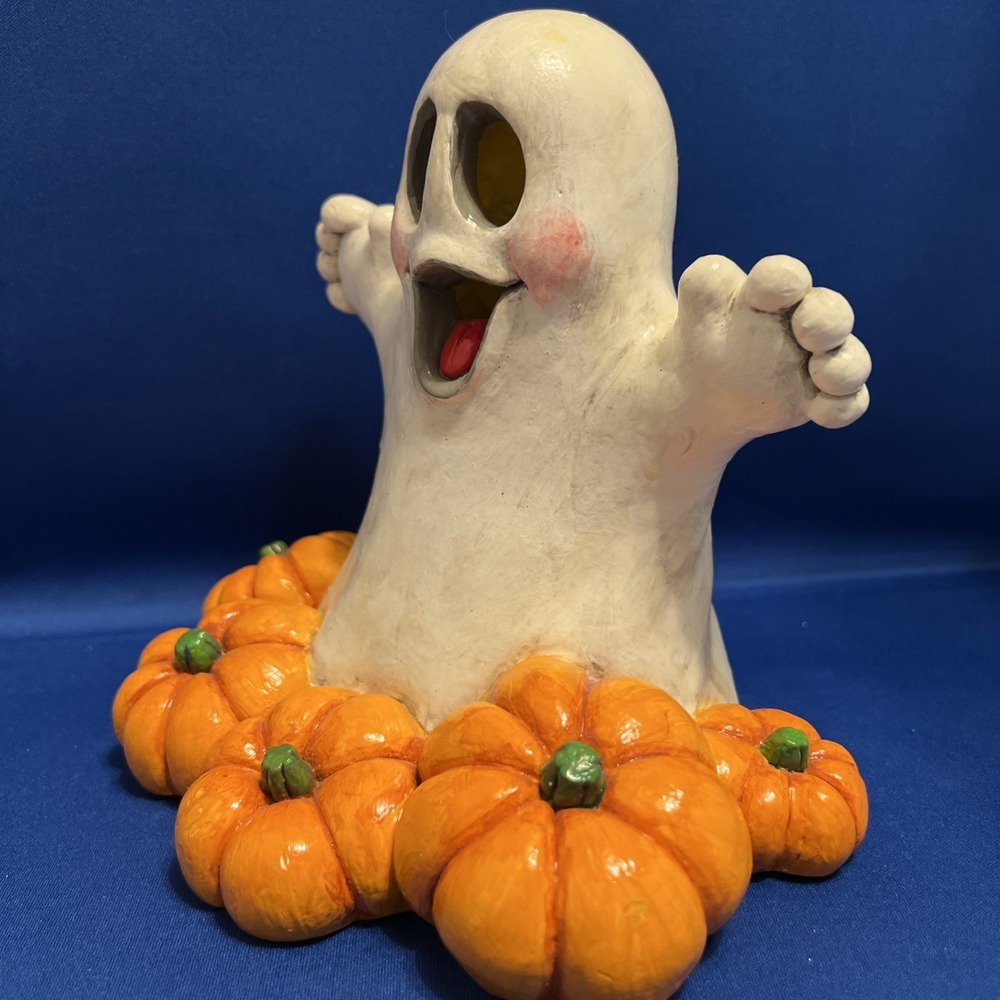 Vtg '89 Juta Chalkware Halloween Happy Ghost Pumpkins Candle Cover Figurine 7x8" - Picture 9 of 13